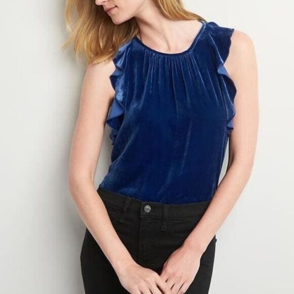 NWT GAP Velvet Ruffle Blue Flutter Sleeve Top XS - Picture 1 of 8